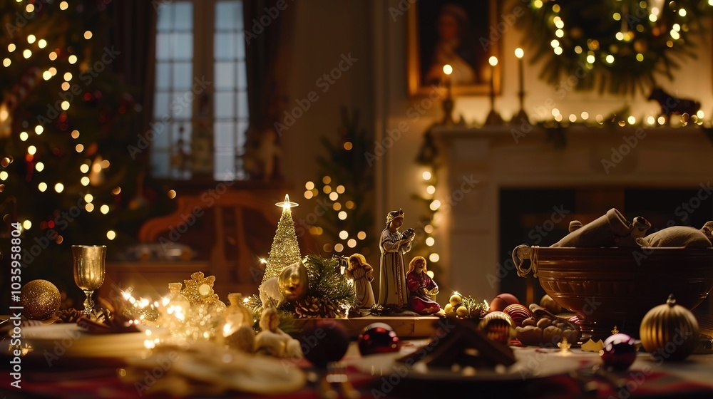 Twinkling Christmas Festivity: Table Adorned with Fairy Lights, Holiday Ornaments, and Nativity Scene Centerpiece, Bathed in Warm Inviting Glow Twinkling Christmas Festivity: Table Adorned with Fairy Lights, Holiday Ornaments, and Nativity Scene Centerpiece, Bathed in Warm Inviting Glow
