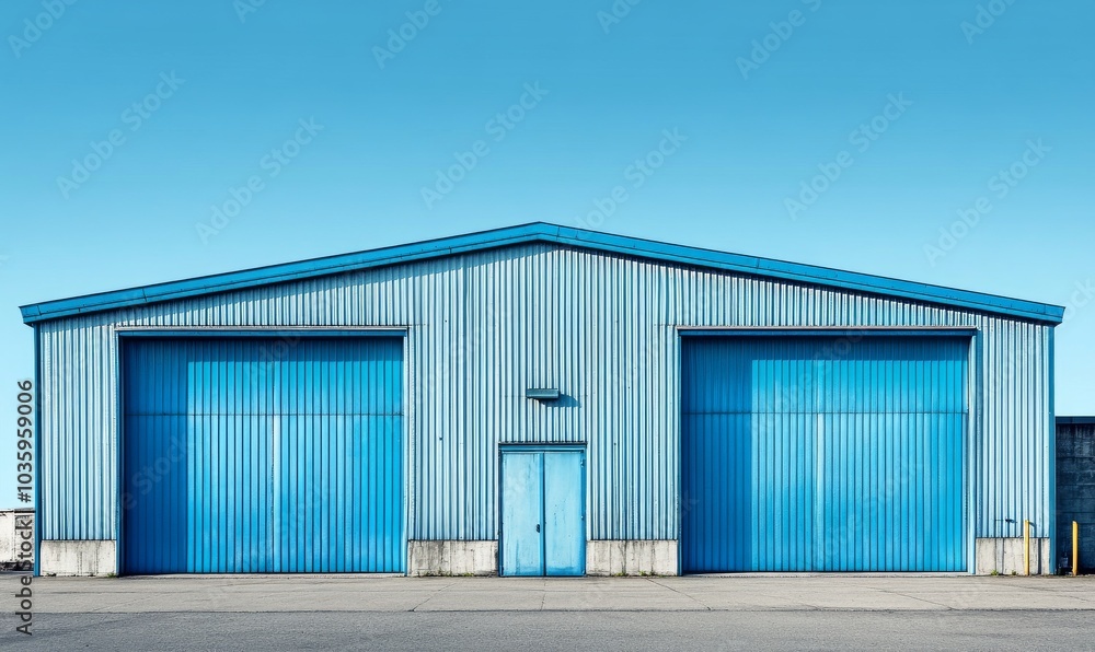 Blue metal warehouse with several doors and a blue roof. Blue metal warehouse with several doors and a blue roof.