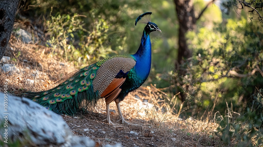 Obraz premium Portrait of a peacock, scientifically known as Pavo cristatus, in its natural habitat in the Plaka forest park on Kos Island, Greece.