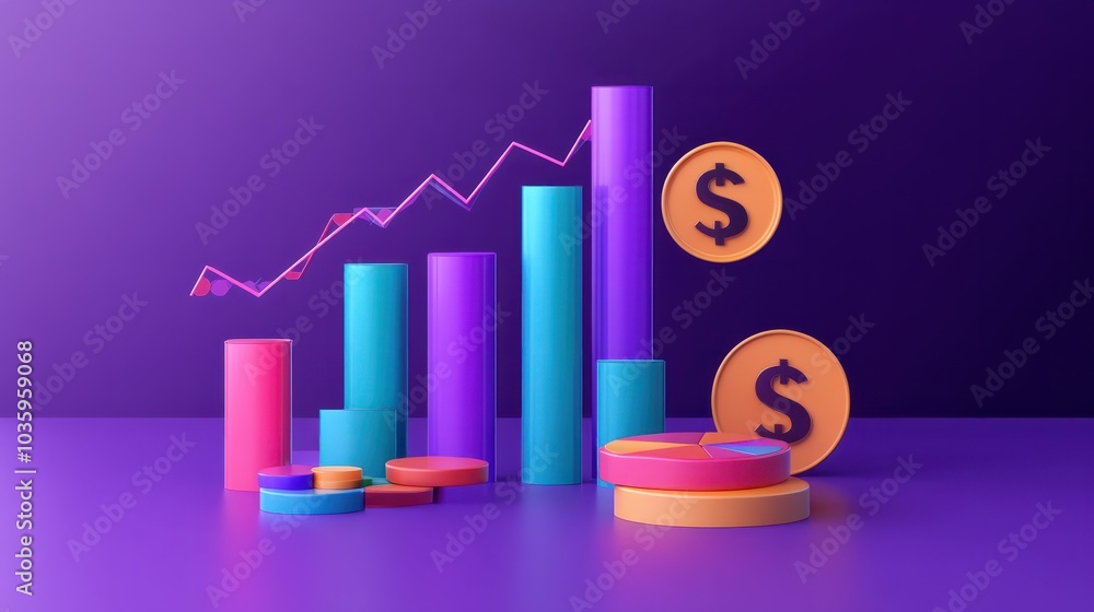 3D illustration of financial growth chart with bars, pie chart, and dollar sign. Ideal for business analytics and economic presentations. 3D illustration of financial growth chart with bars, pie chart, and dollar sign. Ideal for business analytics and economic presentations.