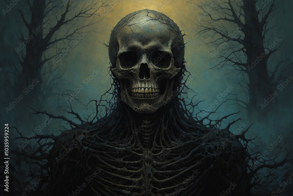 An eerie depiction of a skeletal figure emerging from a dark, surreal landscape. The haunting atmosphere, with twisted branches and shadowy tones, evokes a sense of fear and mystery An eerie depiction of a skeletal figure emerging from a dark, surreal landscape. The haunting atmosphere, with twisted branches and shadowy tones, evokes a sense of fear and mystery