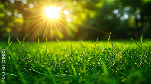 A bright sunny day with a field of green grass