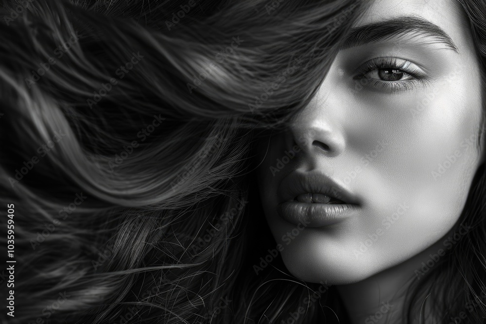 Fototapeta premium Woman monochrome portrait with beautiful hair and beauty skin. Black and white. Studio shot.
