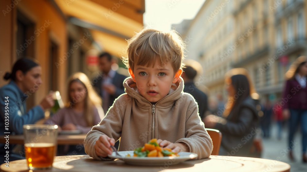 A Young Boy Dressed as a Giant Building, Captivating Passersby in a Playful Outdoor Setting A Young Boy Dressed as a Giant Building, Captivating Passersby in a Playful Outdoor Setting
