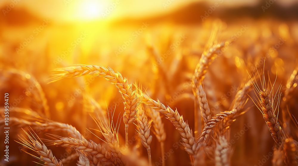 A field of golden wheat with the sun shining on it. The sun is setting in the background, creating a warm and peaceful atmosphere A field of golden wheat with the sun shining on it. The sun is setting in the background, creating a warm and peaceful atmosphere