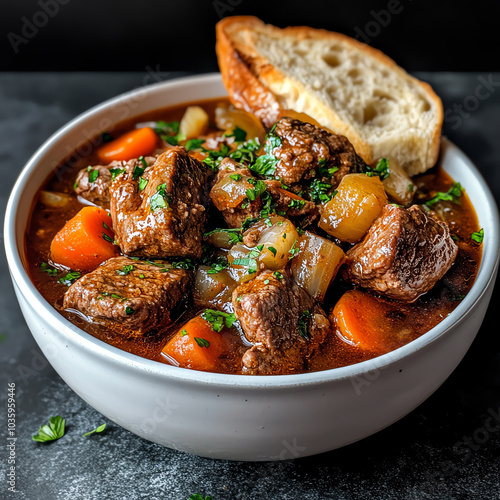 A front view of a traditional German beef stew, with chunks of beef, carrots, and onions, served with a side of bread.