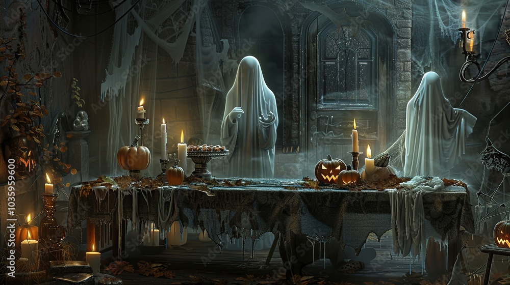 Spooky Halloween Table Setting: Ghostly Figures, Glowing Pumpkins, and Misty Candlelit Ambiance, Featuring Seasonal Candies and Festive Centerpiece Spooky Halloween Table Setting: Ghostly Figures, Glowing Pumpkins, and Misty Candlelit Ambiance, Featuring Seasonal Candies and Festive Centerpiece