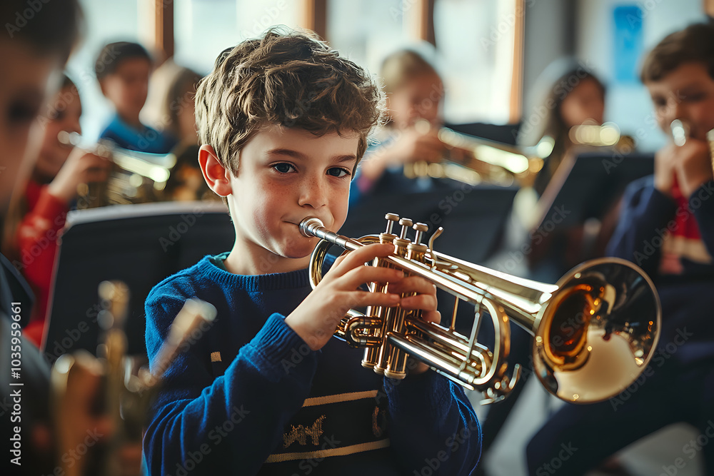 Obraz premium Young boy playing the trumpet in a music class, surrounded by classmates with instruments.