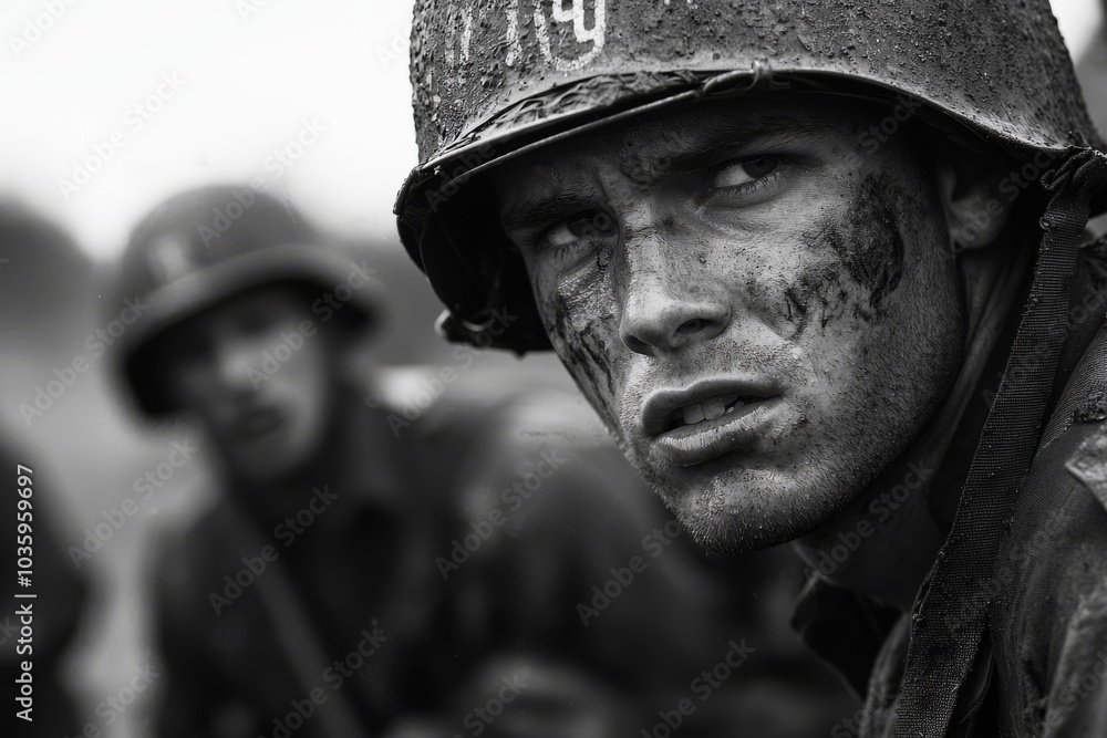 Portrait of a US soldier on a WWII battlefield. Portrait of a US soldier on a WWII battlefield.