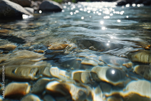 A mesmerizing close-up of crystal-clear river water flowing over smooth stones, reflecting sunlight and creating soft ripples. Ideal for nature and environmental content. Generative AI