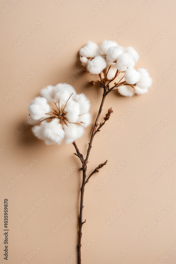 A minimalist image of a dried, fluffy cotton flower branch against a beige background, showcasing simplicity and natural beauty. Generative AI