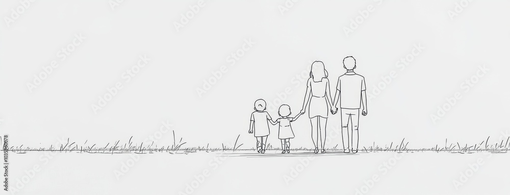 Modern line art depiction of a family walking hand-in-hand. Modern line art depiction of a family walking hand-in-hand.