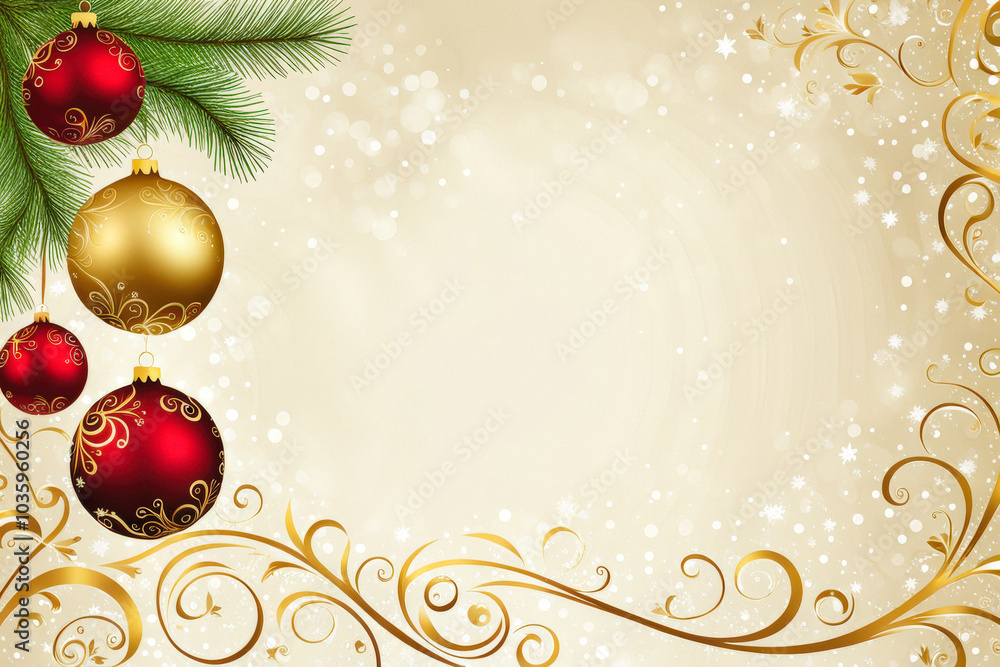 Luxurious gold and red Christmas ornaments hanging with ornate designs against a bright golden holiday background. Ideal for premium holiday marketing. Generative AI Luxurious gold and red Christmas ornaments hanging with ornate designs against a bright golden holiday background. Ideal for premium holiday marketing. Generative AI