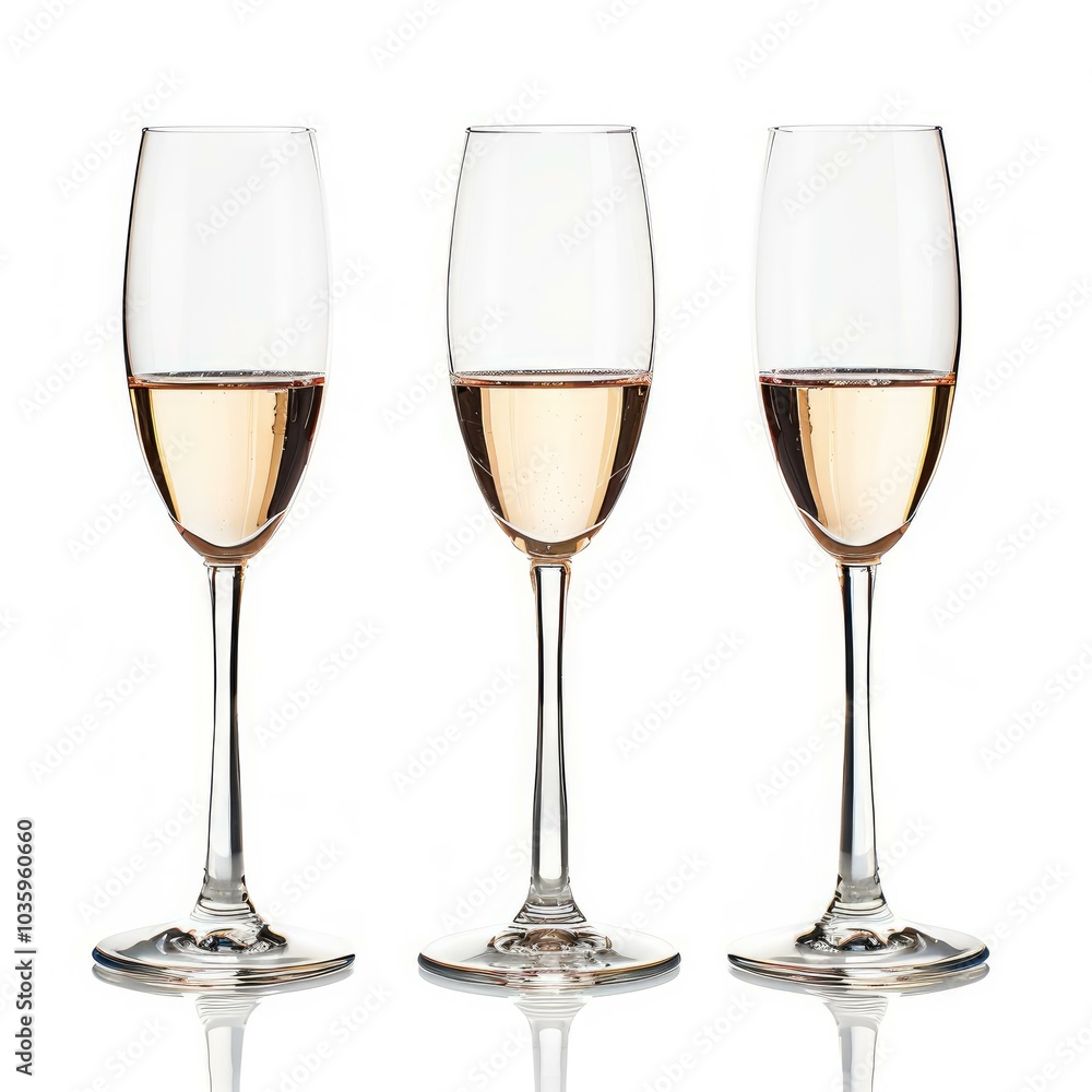 Three elegant champagne flutes with sparkling rose wine are standing on a white background Three elegant champagne flutes with sparkling rose wine are standing on a white background