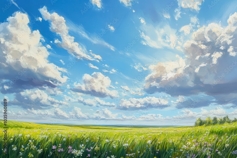 Sunny landscape showcasing a sky adorned with clouds over a lively field of wildflowers Sunny landscape showcasing a sky adorned with clouds over a lively field of wildflowers