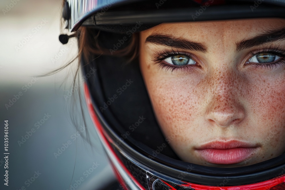 Close-up of female racer in helmet. Close-up of female racer in helmet.