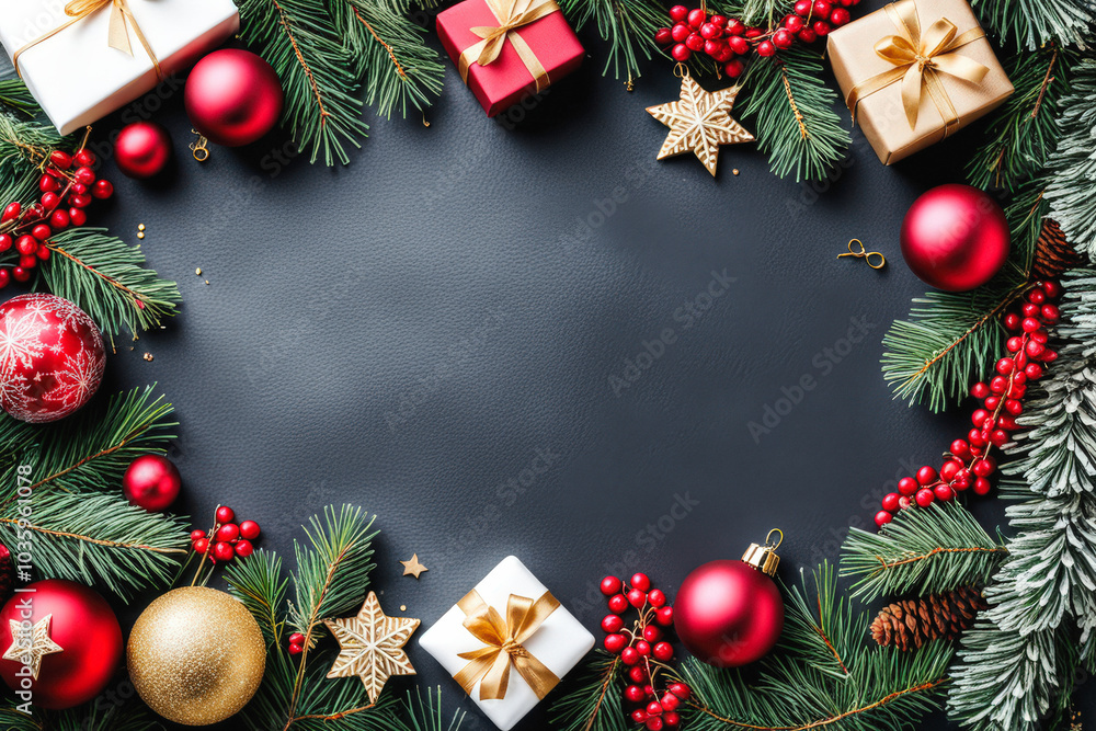 Elegant Christmas composition with festive ornaments, pine branches, and gift boxes arranged on a dark background. Generative AI Elegant Christmas composition with festive ornaments, pine branches, and gift boxes arranged on a dark background. Generative AI
