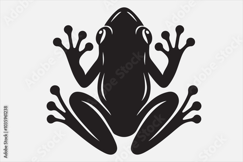 A black silhouette of a frog viewed from above.