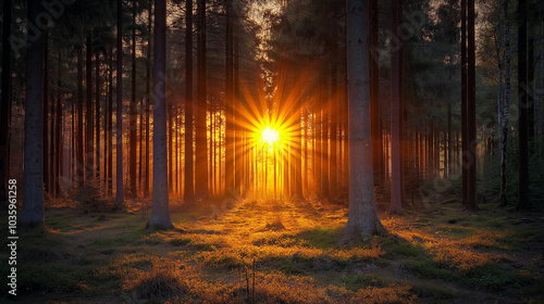 A sun is shining through the trees, casting a warm glow on the forest floor