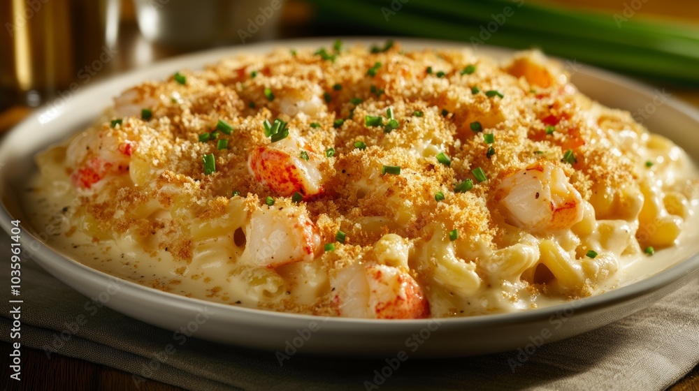 A delectable plate of lobster mac and cheese with chunks of tender lobster meat, baked with a golden breadcrumb topping, Mac and cheese plate centered A delectable plate of lobster mac and cheese with chunks of tender lobster meat, baked with a golden breadcrumb topping, Mac and cheese plate centered