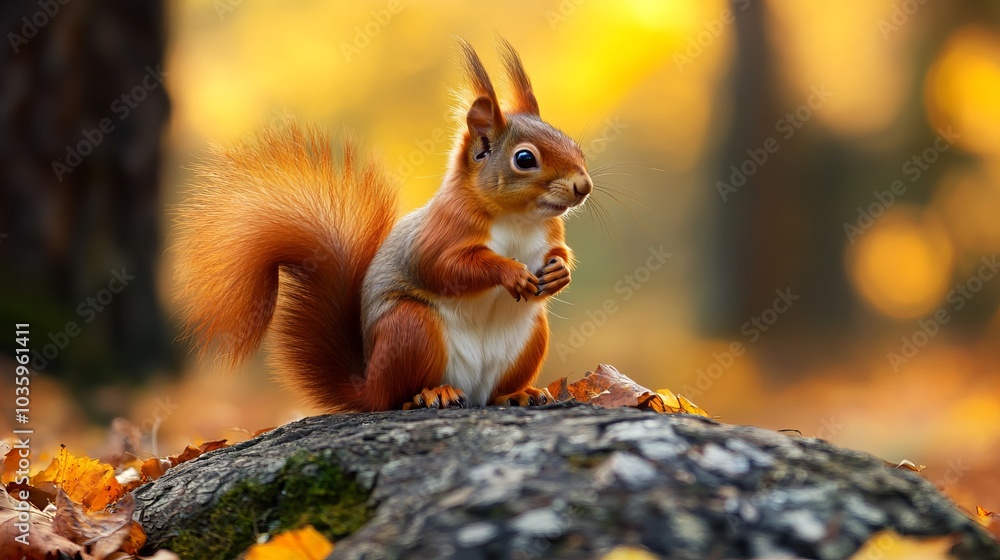 The Eurasian red squirrel (Sciurus vulgaris) in its natural habitat in the autumn forest. Portrait of a squirrel close up. The forest is full of rich warm colors. 