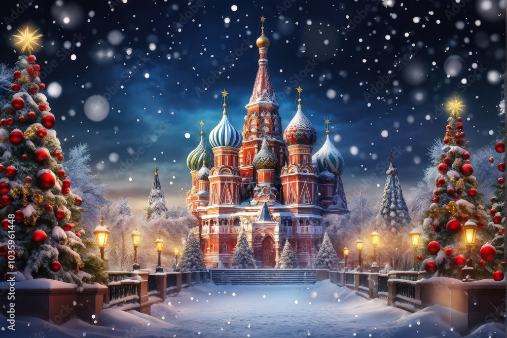 Fototapeta premium Snowy holiday scene with decorated Christmas trees, warm lights, and iconic Russian architecture under falling snow. Generative AI