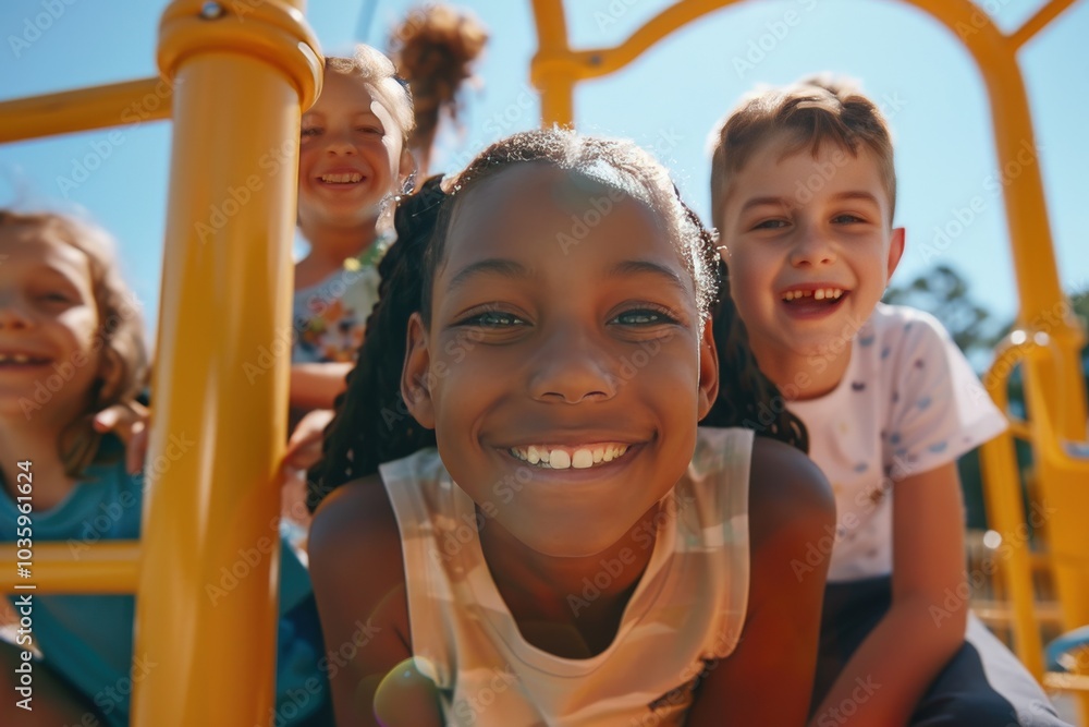 Happy children on a playground, smiling at the camera Happy children on a playground, smiling at the camera