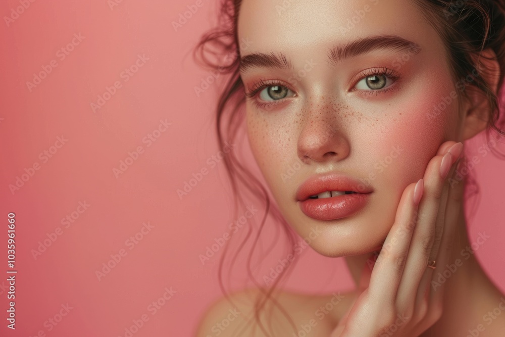 Beautiful young girl touching her perfect skin on pink background. Skin care concept Beautiful young girl touching her perfect skin on pink background. Skin care concept