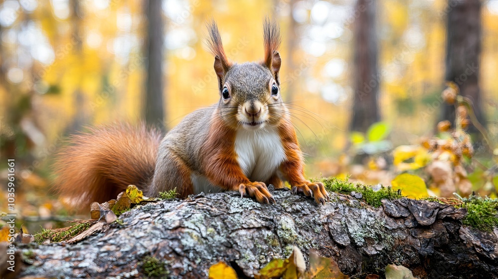 Obraz premium The Eurasian red squirrel (Sciurus vulgaris) in its natural habitat in the autumn forest. Portrait of a squirrel close up. The forest is full of rich warm colors. 