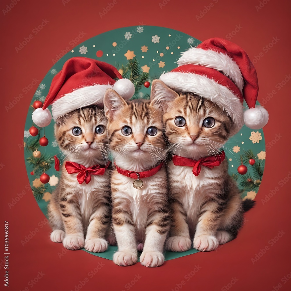 Cute kittens in Christmas hat, on red background in retro style, template for banner, poster, greeting card with copy space Cute kittens in Christmas hat, on red background in retro style, template for banner, poster, greeting card with copy space