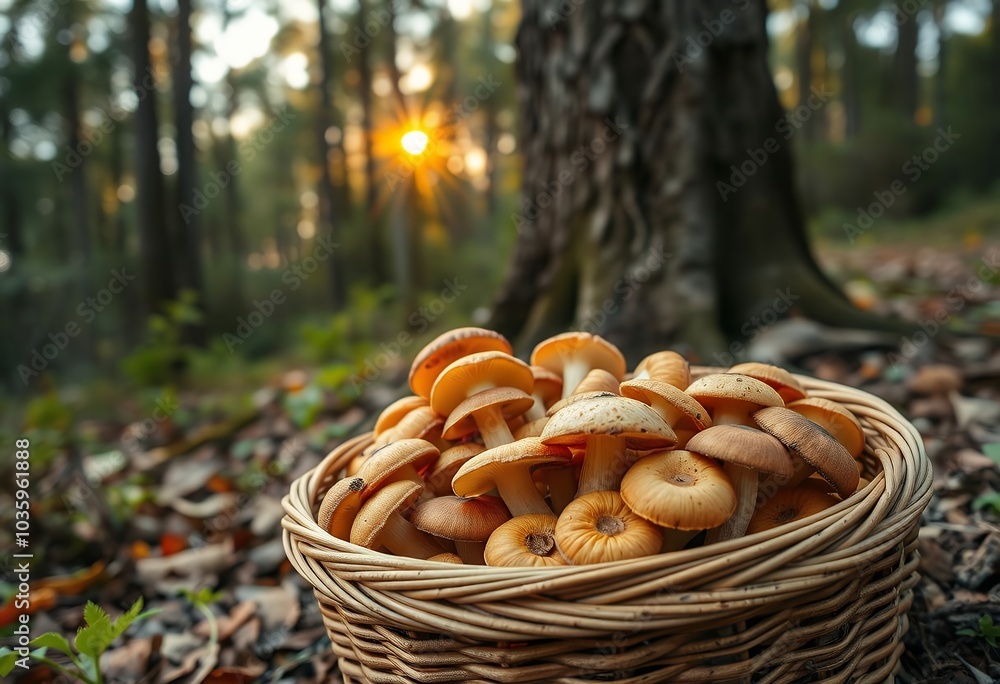 Basket of Chanterelle Mushrooms in Autumn Forest at Sunset Basket of Chanterelle Mushrooms in Autumn Forest at Sunset