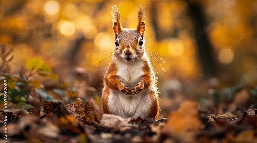The Eurasian red squirrel (Sciurus vulgaris) in its natural habitat in the autumn forest. Portrait of a squirrel close up. The forest is full of rich warm colors. The Eurasian red squirrel (Sciurus vulgaris) in its natural habitat in the autumn forest. Portrait of a squirrel close up. The forest is full of rich warm colors.