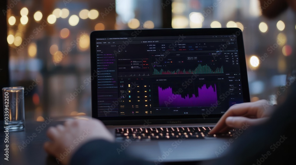 A person analyzing data on their laptop, with the screen showing graphs and tables of traffic analytics. close up. A person analyzing data on their laptop, with the screen showing graphs and tables of traffic analytics. close up.