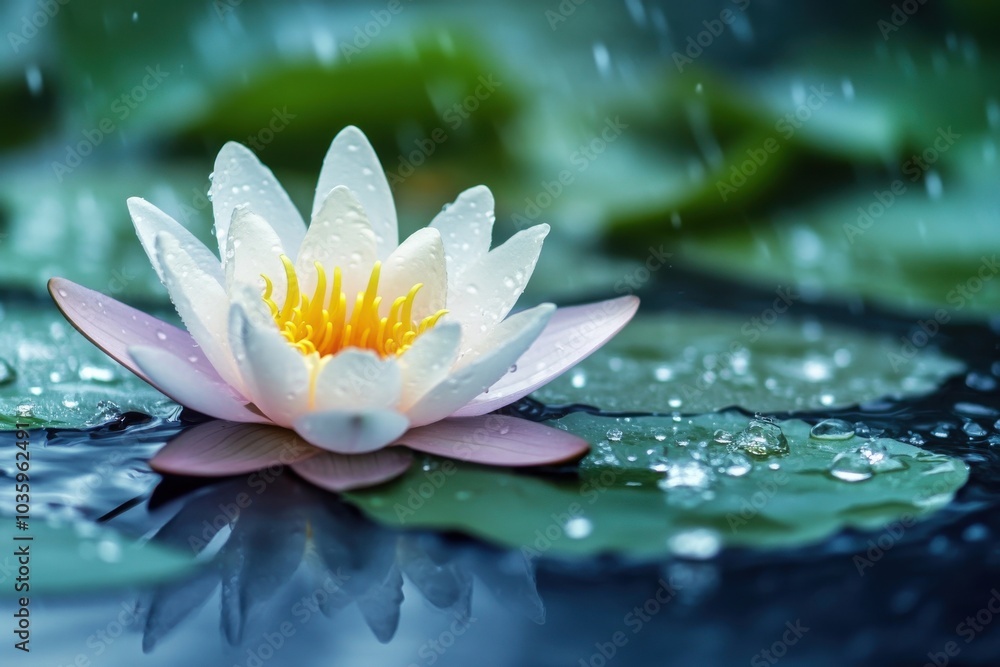 Zoomed-in view of a beautiful aquatic bloom submerged in a pond during a rainy summer day, showcasing a peaceful nature scene with space for spa, garden, and relaxation messages Zoomed-in view of a beautiful aquatic bloom submerged in a pond during a rainy summer day, showcasing a peaceful nature scene with space for spa, garden, and relaxation messages