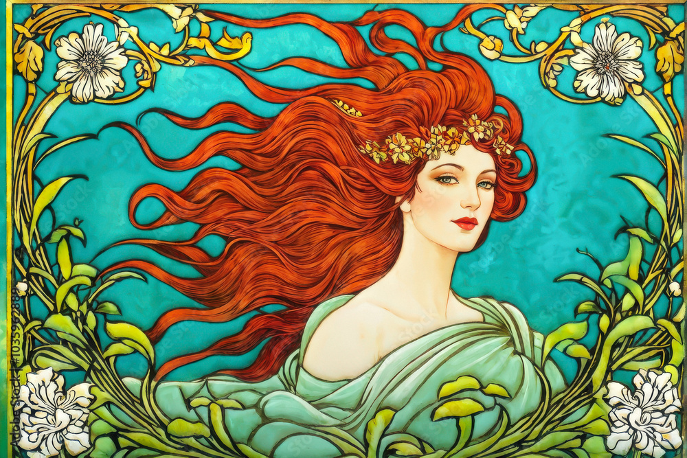 Art Nouveau illustration of a red-haired woman with a floral crown against a vibrant turquoise background, highlighting a whimsical vintage style. Generative AI Art Nouveau illustration of a red-haired woman with a floral crown against a vibrant turquoise background, highlighting a whimsical vintage style. Generative AI