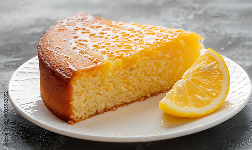 Delicious Golden Lemon Drizzle Cake Slice on a White Plate: A Tempting Dessert Showcasing Moist Layers and Zesty Flavor for Sweet Moments