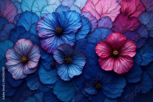 Wallpaper Mural Vibrant blue and pink floral pattern with delicate petals and golden veins. Torontodigital.ca