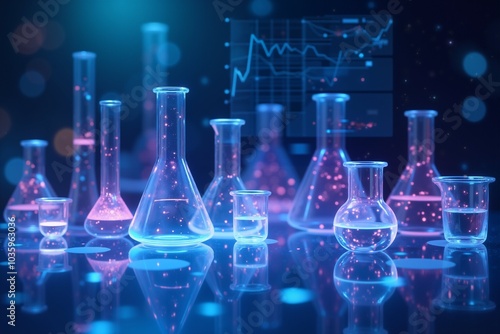 Scientific experimentation with glowing lab flasks and beakers in a high-tech laboratory setting.