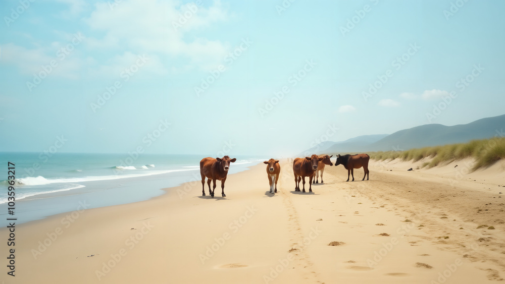 Serenity of Nature: A Unique Scene of Cows Grazing Along a Tranquil Beach with a Beautiful Blue Horizon Serenity of Nature: A Unique Scene of Cows Grazing Along a Tranquil Beach with a Beautiful Blue Horizon