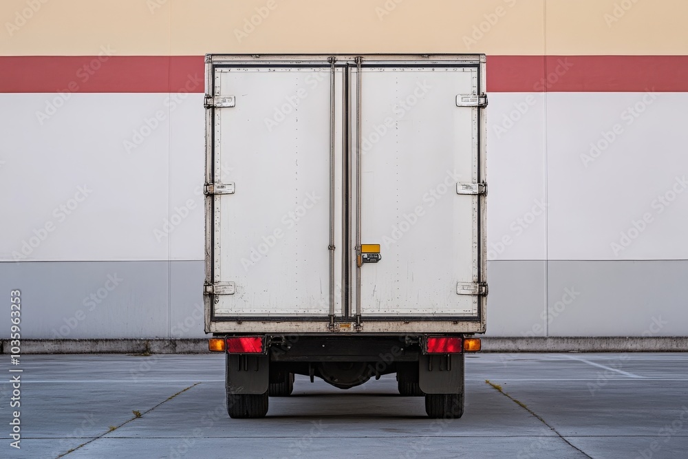 White Delivery Truck Parked in Front of a Striped Wall White Delivery Truck Parked in Front of a Striped Wall