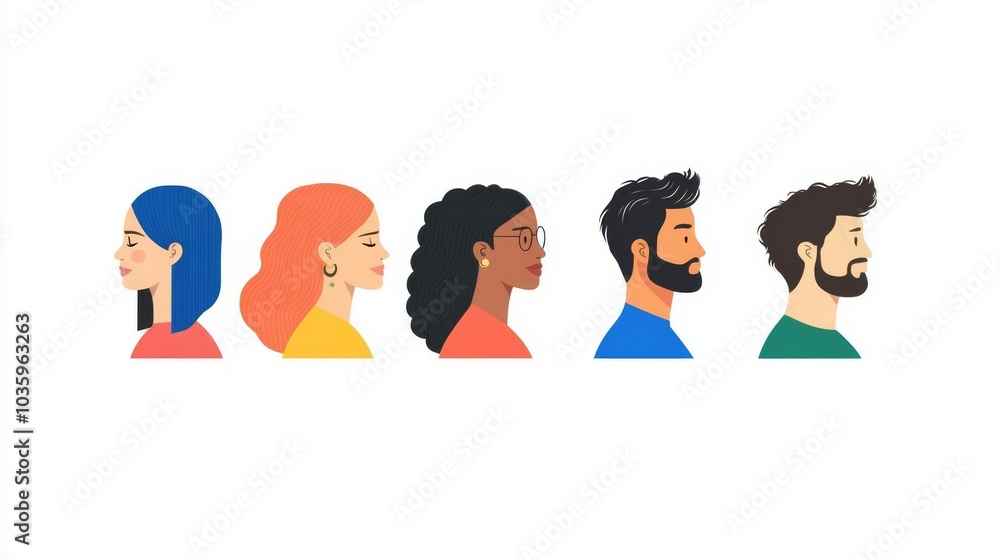 Illustration featuring diverse side profiles of people with various hairstyles and colors, showcasing inclusivity and individuality. Illustration featuring diverse side profiles of people with various hairstyles and colors, showcasing inclusivity and individuality.