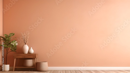 Empty peach fuzz colored wall with houseplants and decor.