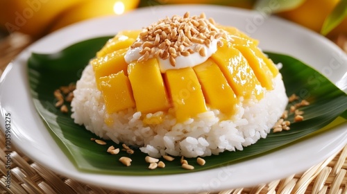 A delectable plate of Thai mango sticky rice, sweet glutinous rice topped with ripe mango slices and coconut cream, Mango sticky rice plate centered photo