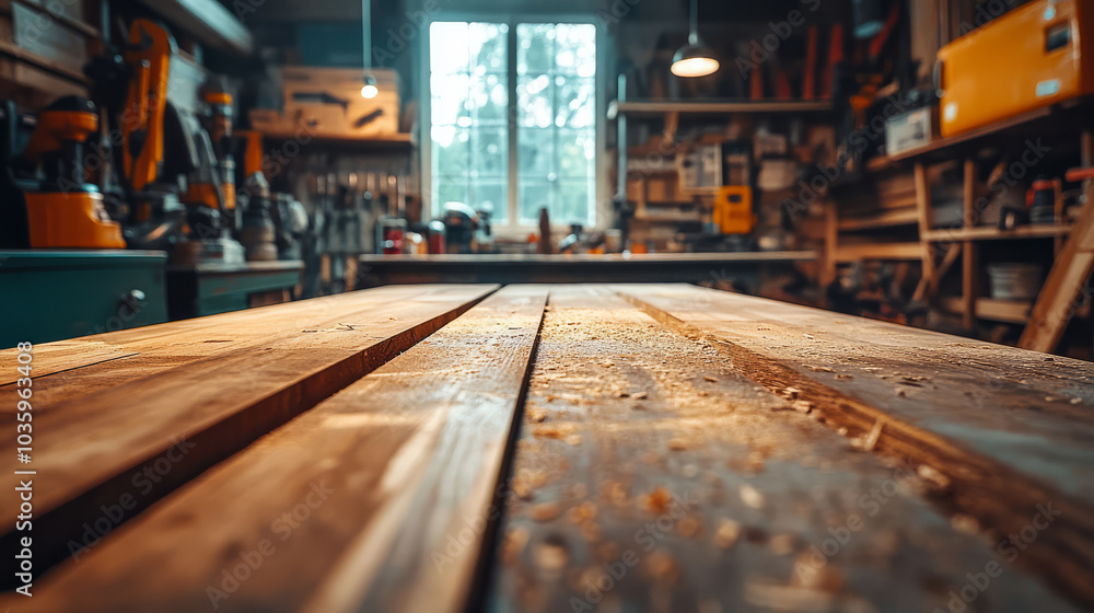 workbench with sawn wood strips is in focus, surrounded by various tools and equipment in well lit workshop. atmosphere is warm and industrious, highlighting craftsmanship workbench with sawn wood strips is in focus, surrounded by various tools and equipment in well lit workshop. atmosphere is warm and industrious, highlighting craftsmanship