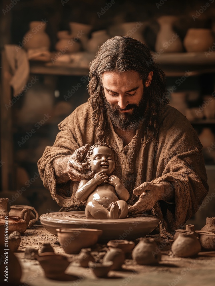 Potter creating a baby with clay on a potter's wheel. Potter creating a baby with clay on a potter's wheel.