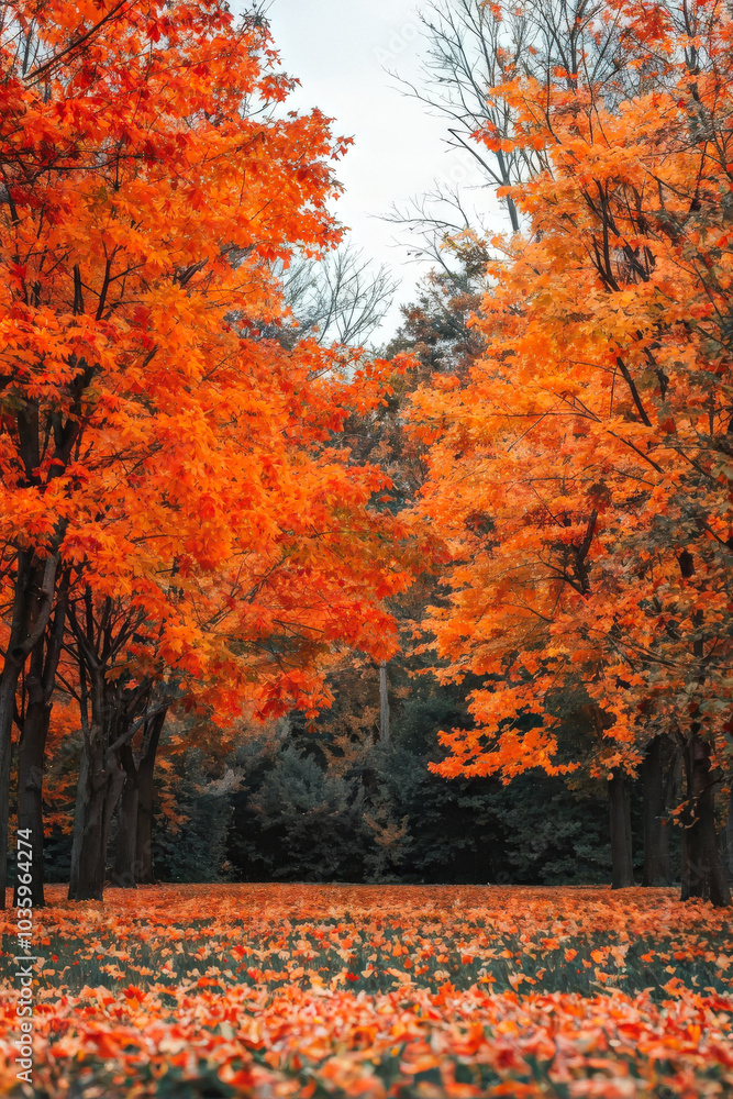 Stunning display of vibrant orange leaves in an autumn forest, creating a warm, seasonal ambiance perfect for fall themes. Generative AI Stunning display of vibrant orange leaves in an autumn forest, creating a warm, seasonal ambiance perfect for fall themes. Generative AI