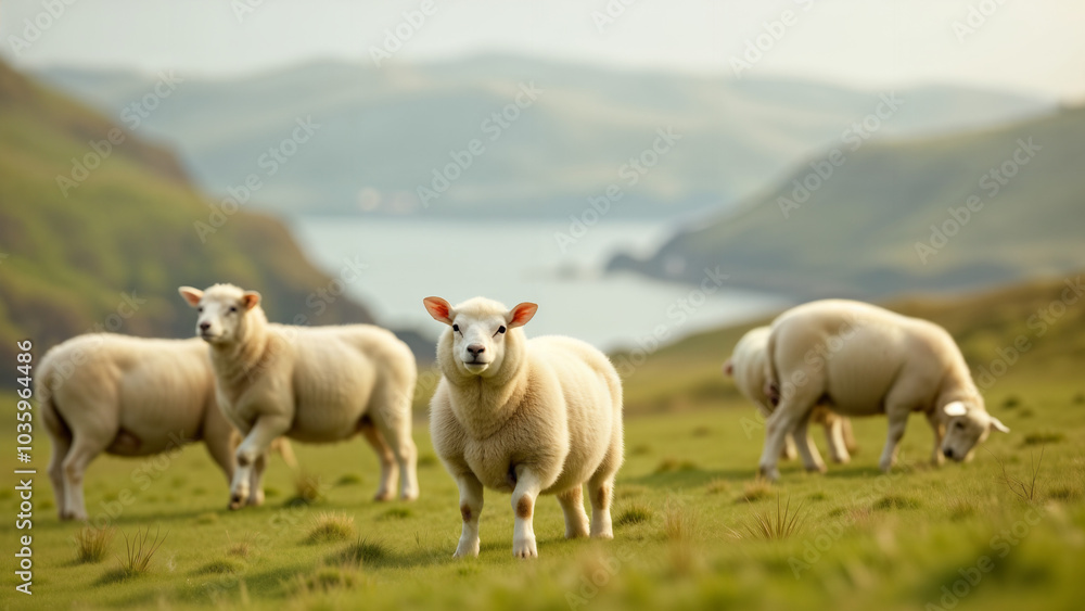 Obraz premium Charming Exploration: Several Curious Sheep Bring Life to the Scenic Bay Landscape