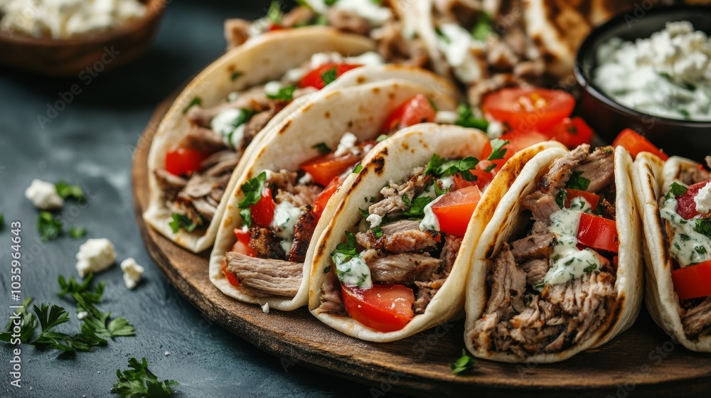 A delectable platter of assorted Greek gyro wraps filled with lamb, tzatziki, and tomatoes A delectable platter of assorted Greek gyro wraps filled with lamb, tzatziki, and tomatoes