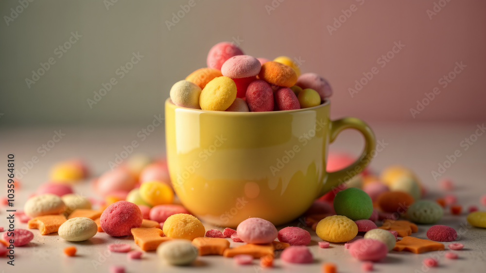 A Colorful and Cheerful Mug Filled with an Assortment of Candy Under Soft Lighting A Colorful and Cheerful Mug Filled with an Assortment of Candy Under Soft Lighting
