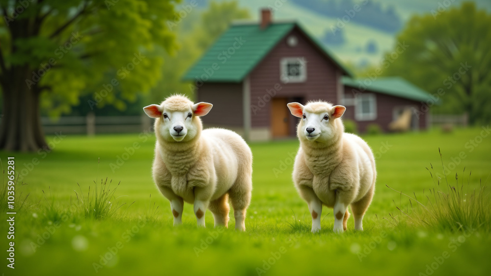 Rural Serenity: Two Fluffy Wooly Sheep Grazing Peacefully Near a Quaint House Rural Serenity: Two Fluffy Wooly Sheep Grazing Peacefully Near a Quaint House
